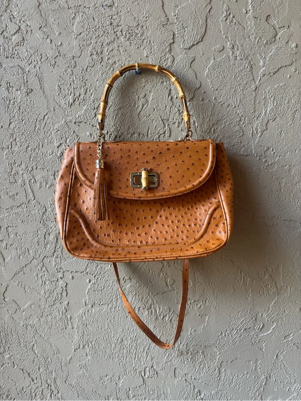 Tan ostrich Leather Top-Handle Shoulder Bag with Bamboo Accent